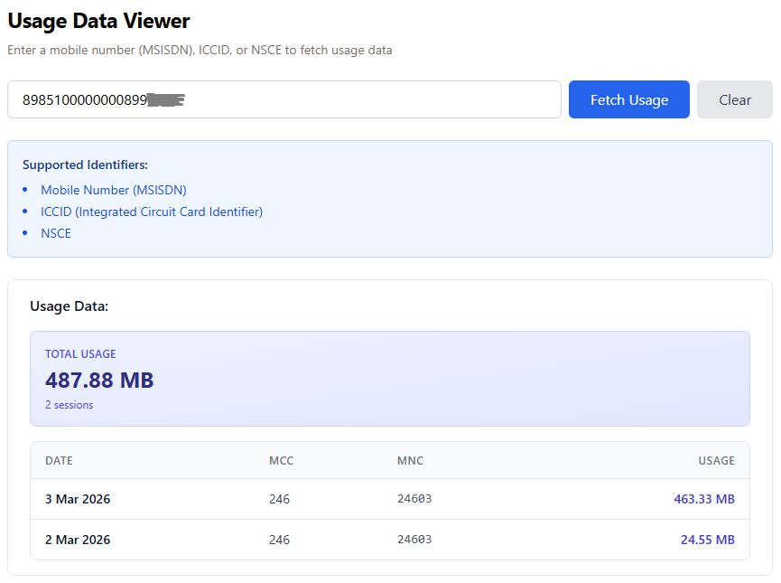 eSIM platformos sunaudotų duomenų ataskaita